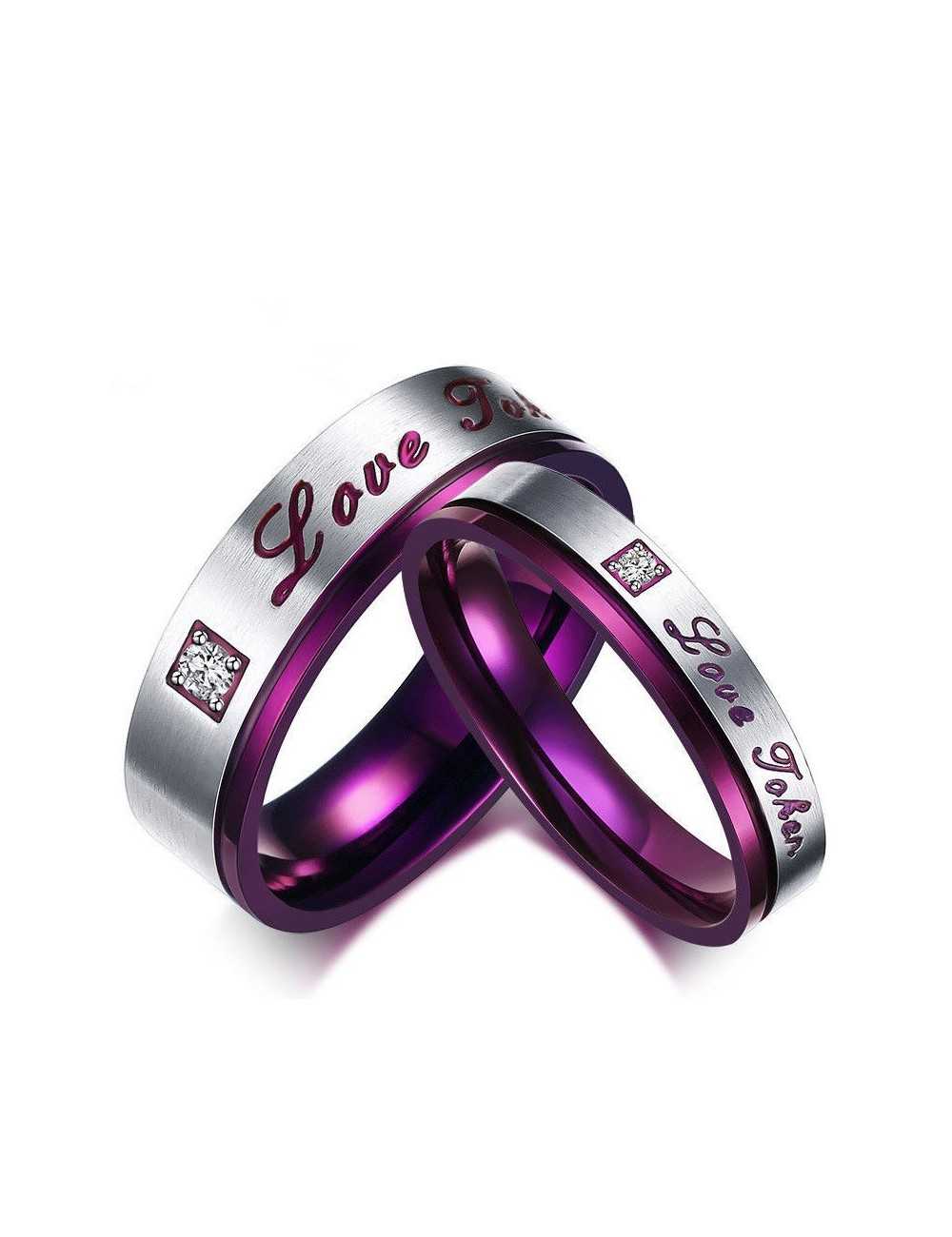 Anillos para parejas de Titanio morado con plateado "Love Taken"