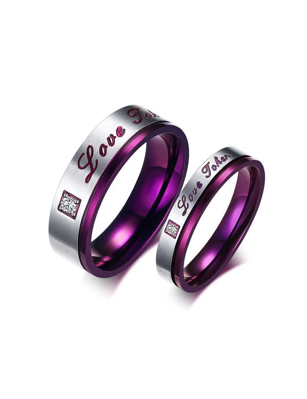 Anillos para parejas de Titanio morado con plateado "Love Taken"