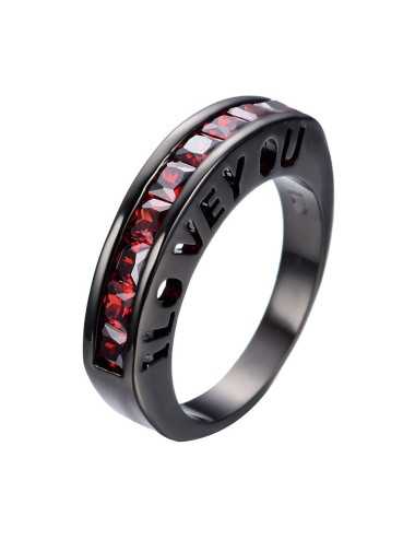 Anillo de oro negro laminado con cristales rojos "I Love You"