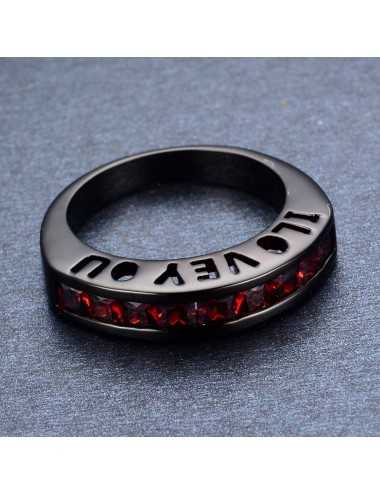 Anillo de oro negro laminado con cristales rojos "I Love You"