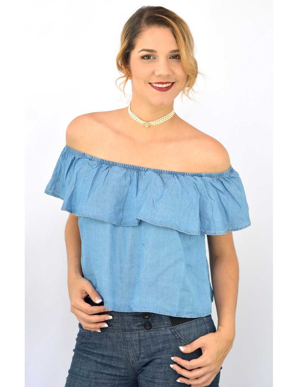 Blusa campesina corta de mezclilla