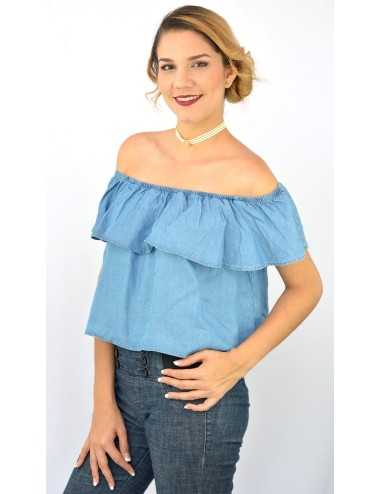 Blusa campesina corta de mezclilla