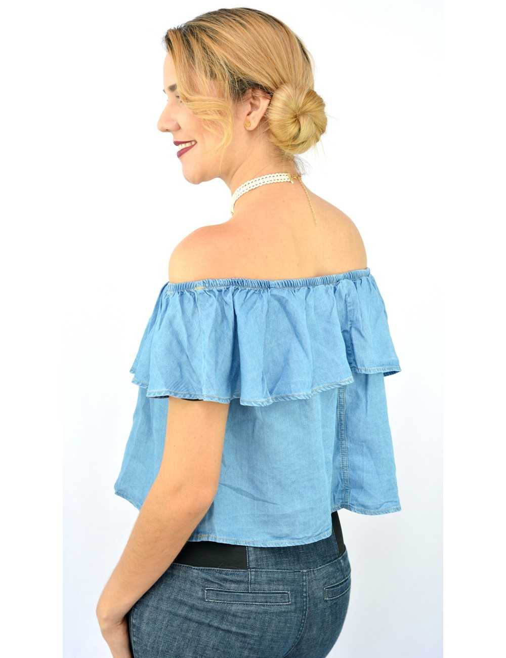 Blusa campesina corta de mezclilla