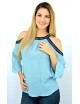 Blusa de manta celeste con bordado azul hombros descubiertos