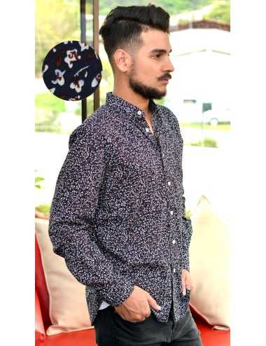 Camisa manga larga azul con estampado flores cafes