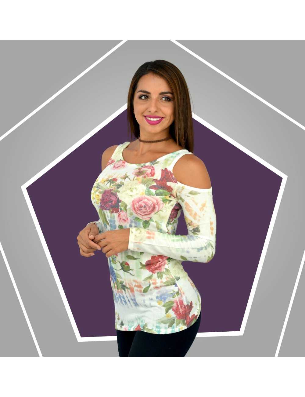 Blusa estampada manga larga hombros descubiertos