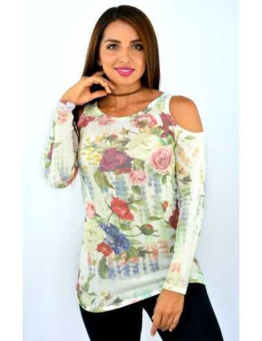 Blusa estampada manga larga hombros descubiertos