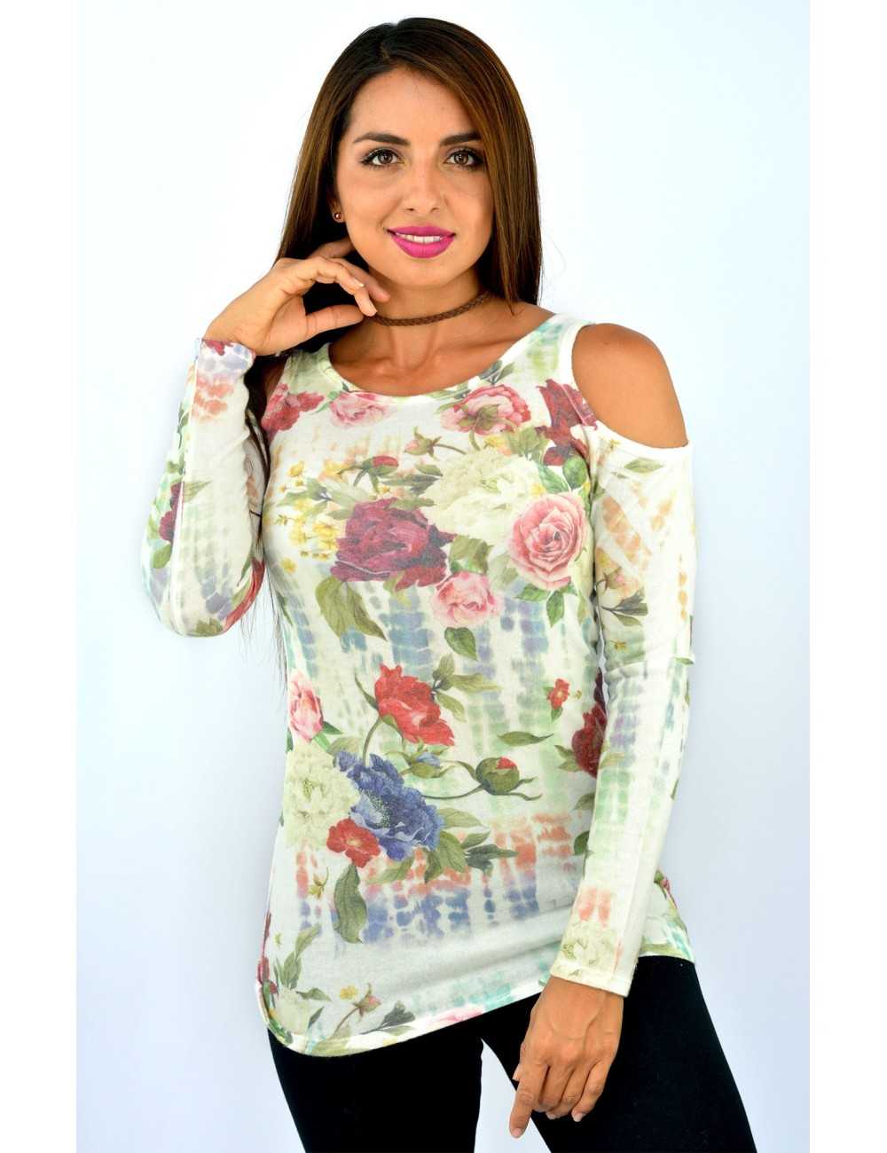 Blusa estampada manga larga hombros descubiertos