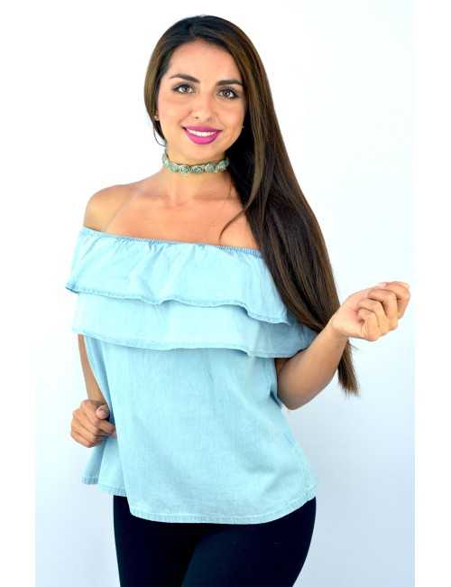 Blusa campesina online de mezclilla