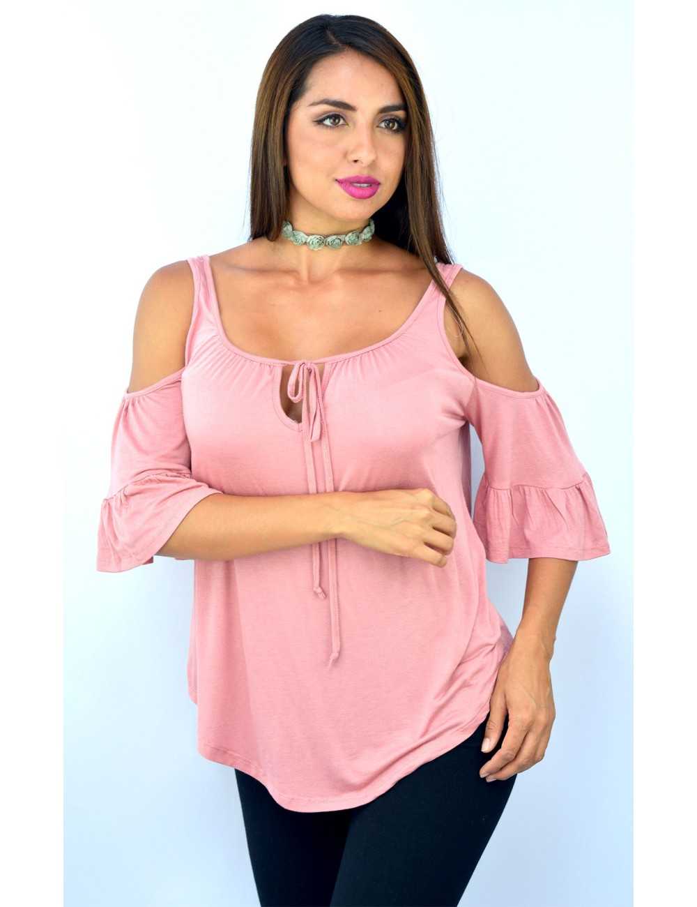 Blusa palo rosa hombros descubiertos lazo frontal