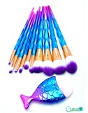 Set de 11 brochas azules con morado y brocha de pez