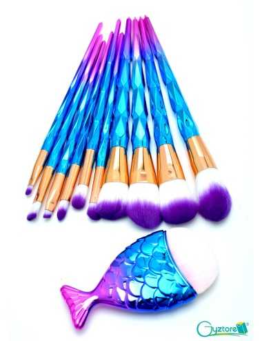 Set de 11 brochas azules con morado y brocha de pez