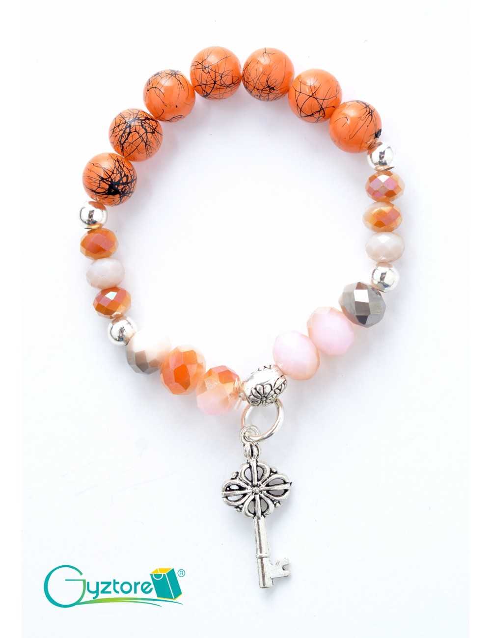 Pulsera palo rosa con cristales y dije de candado