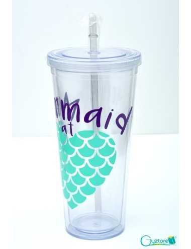 Vaso de plastico grande con pajilla "Mermaid at Heart"