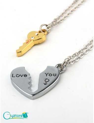 Collar I LOVE YOU para parejas corazón y llave