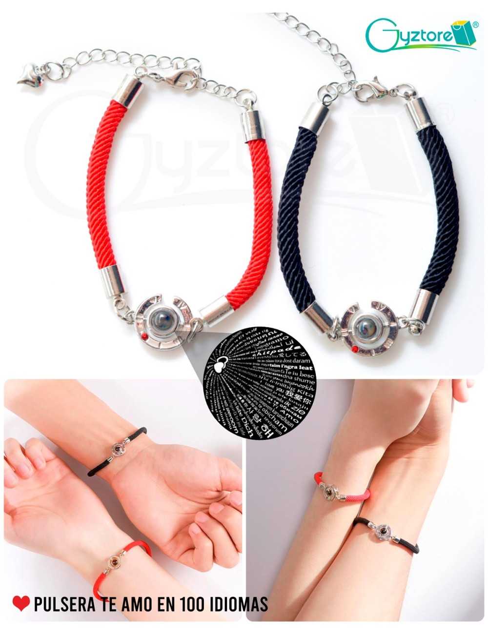 Brazalete te amo en 100 idiomas de cordón negro y rojo