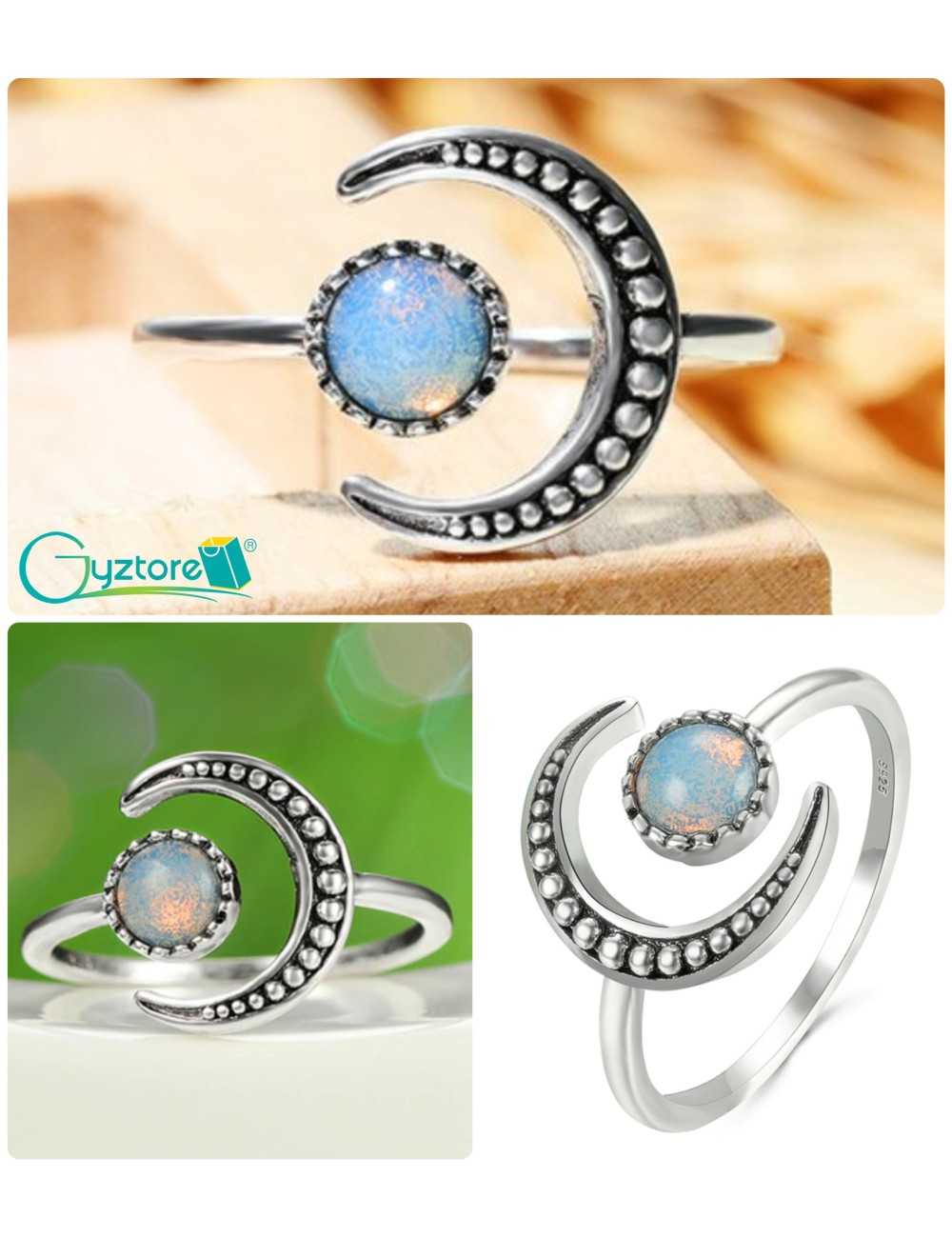 Anillo ajustable de luna con piedra tornasol