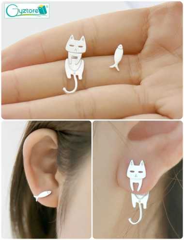 Aretes diseño de gato y pescado