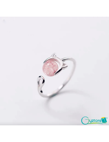 Anillo diseño de gato con piedra rosada