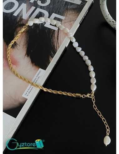 Collar mix cadena y perlas de oro láminado
