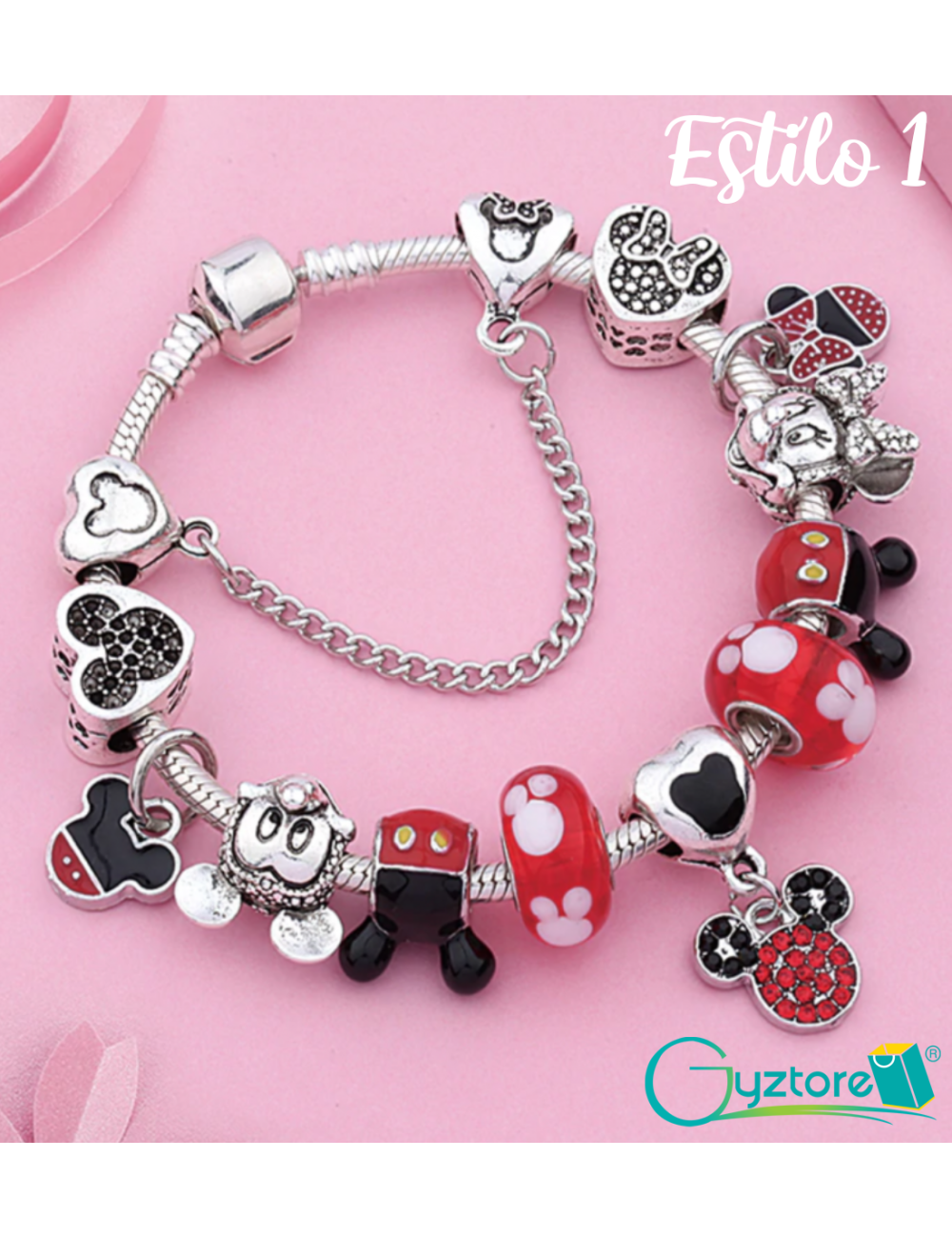 Pulsera roja con dijes de Mickey y Minnie