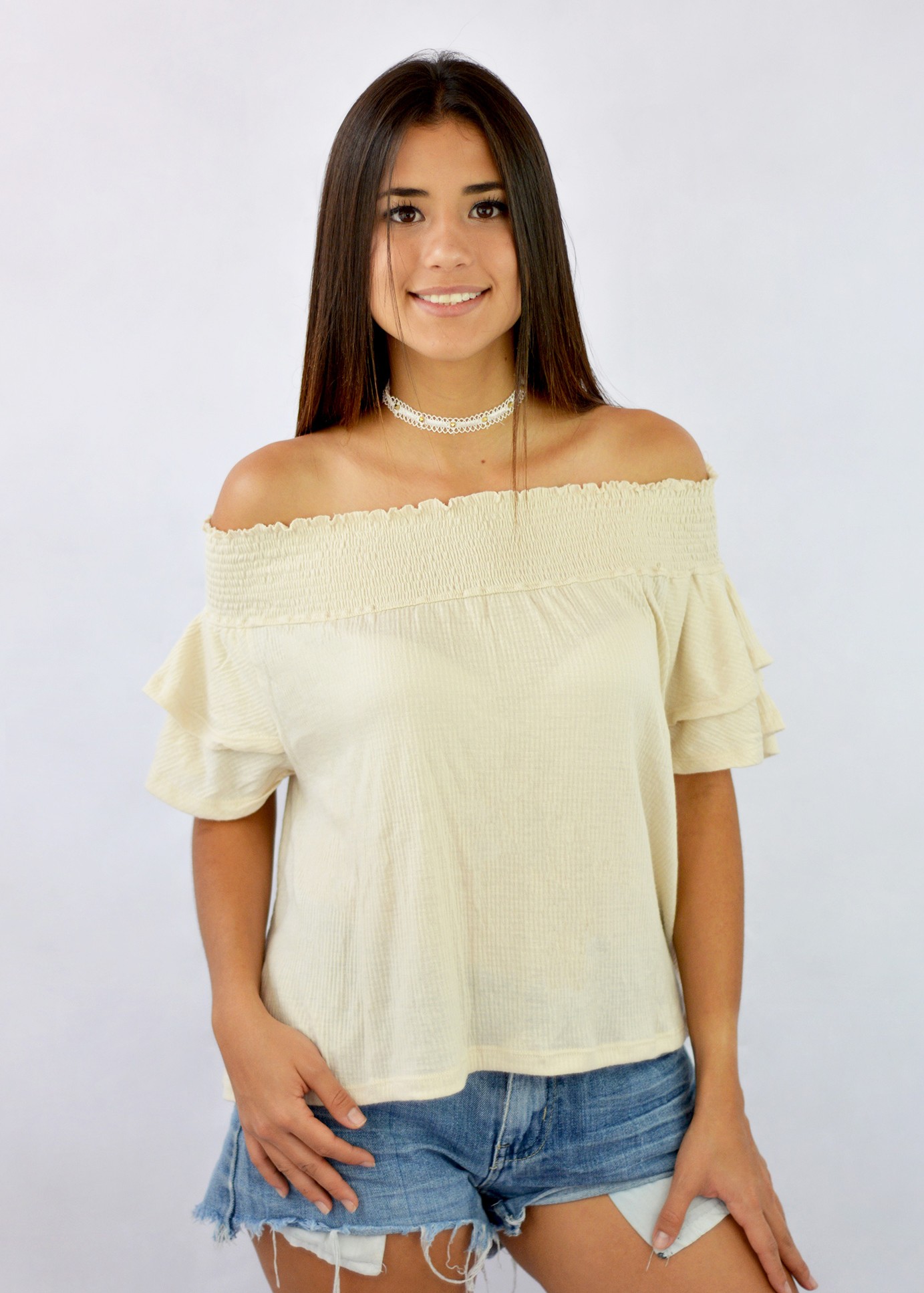 Blusa hombros descubiertos doble manga con elastico