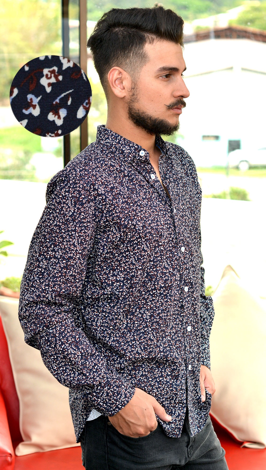 sencillo picar Circular Camisa manga larga azul con estampado flores cafes