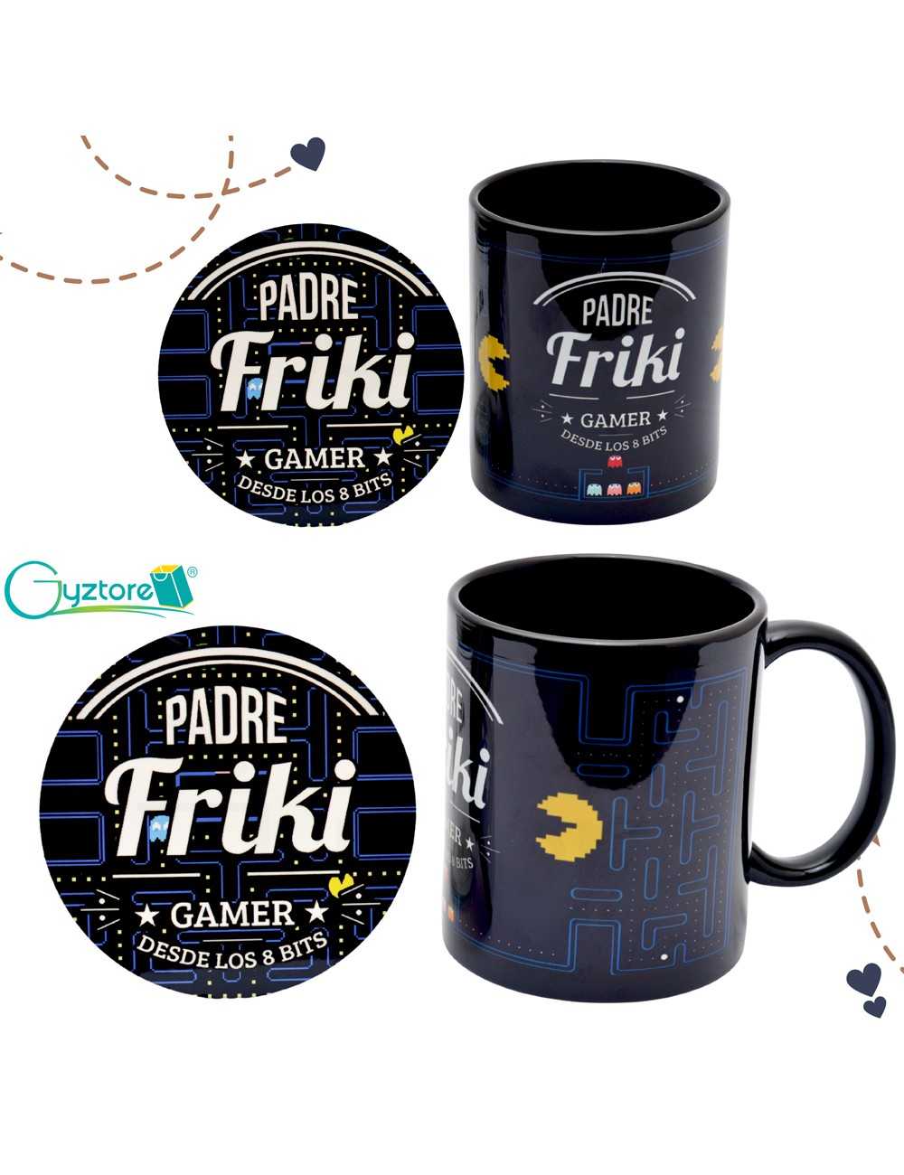 Combo para papá: Posavasos + taza negra "Papá Friki"