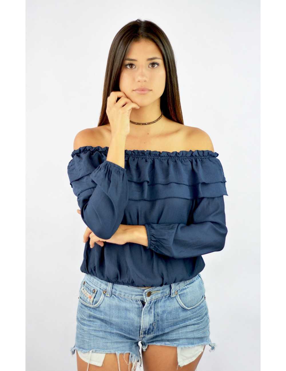 Blusa hombros descubiertos azul manga larga