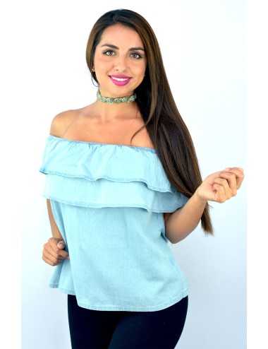 Blusa campesina de mezclilla clara