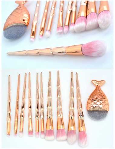 Set 11 brochas oro rosa diseño diamante con brocha de pez