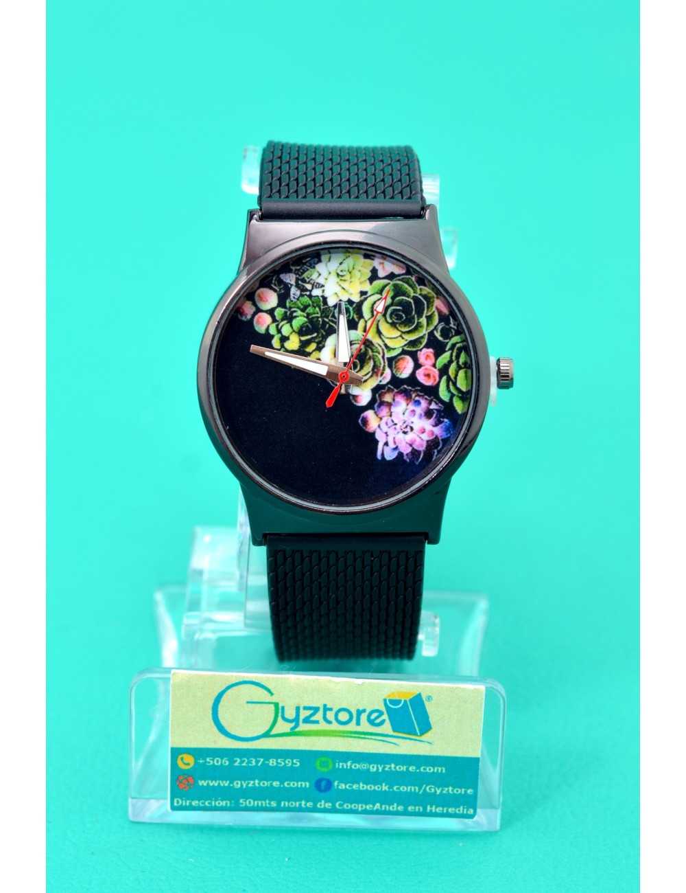 Reloj Negro con Estampado de Flores