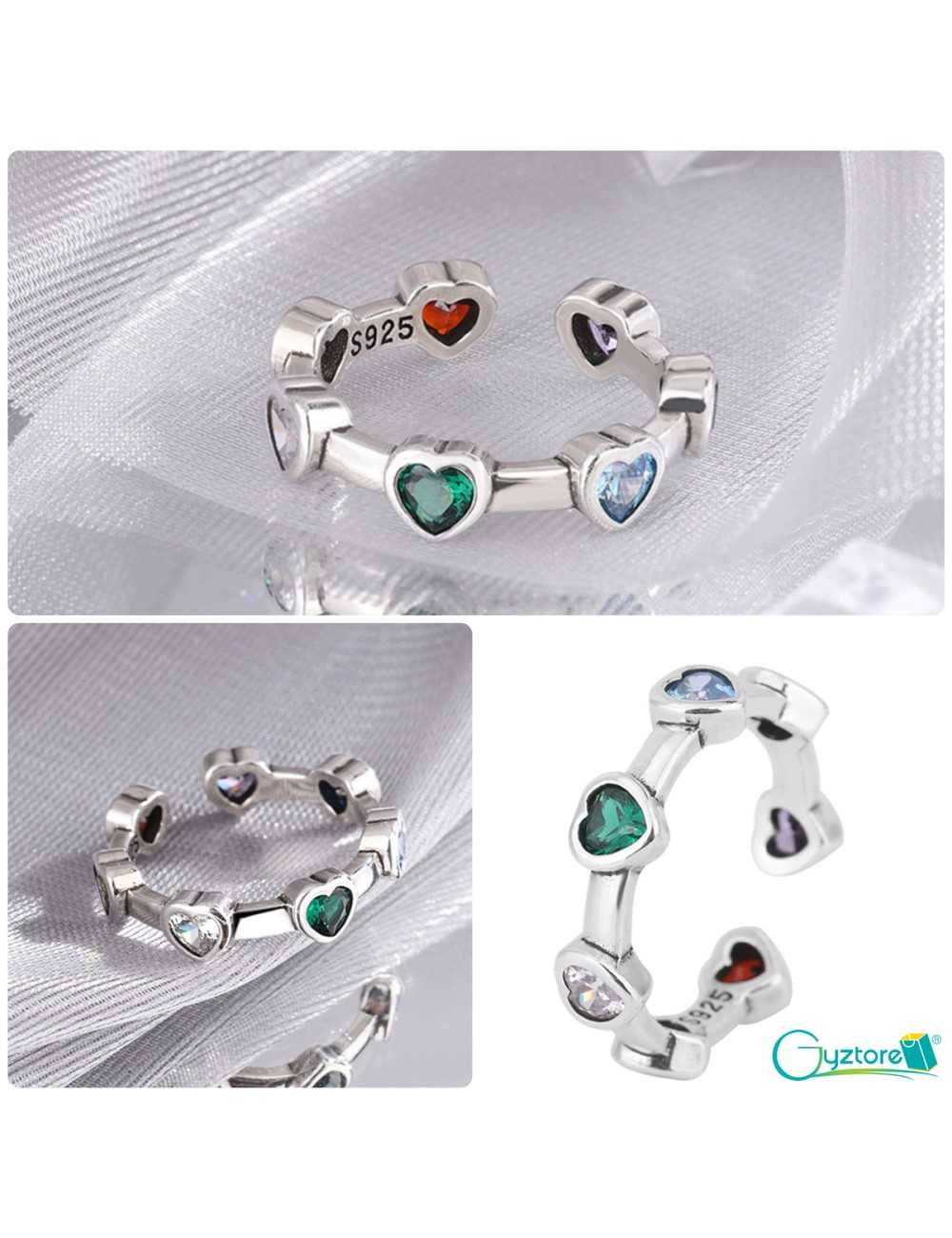 anillo ajustable diseño de corazones de colores, plata 925