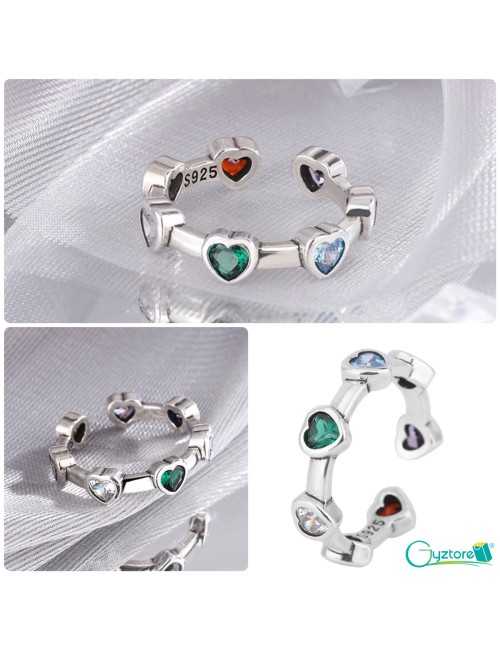 anillo ajustable diseño de corazones de colores, plata 925