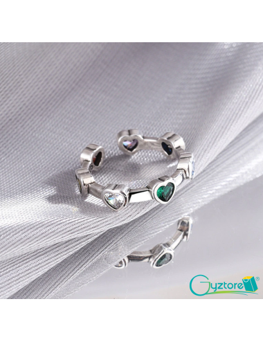 anillo ajustable diseño de corazones de colores, plata 925