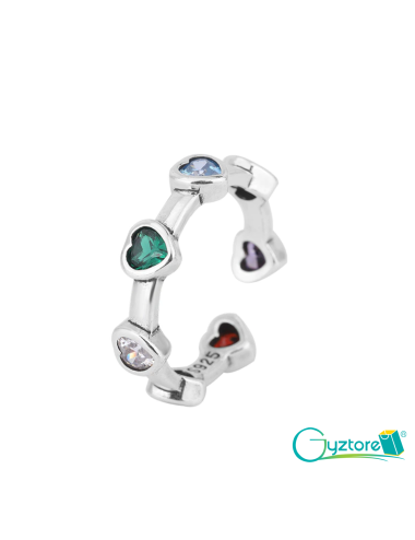 anillo ajustable diseño de corazones de colores, plata 925
