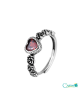 Anillo ajustable diseño rosas y corazón rojo, plata 925
