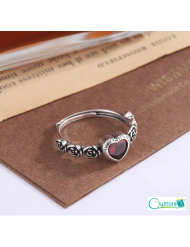 Anillo ajustable diseño rosas y corazón rojo, plata 925